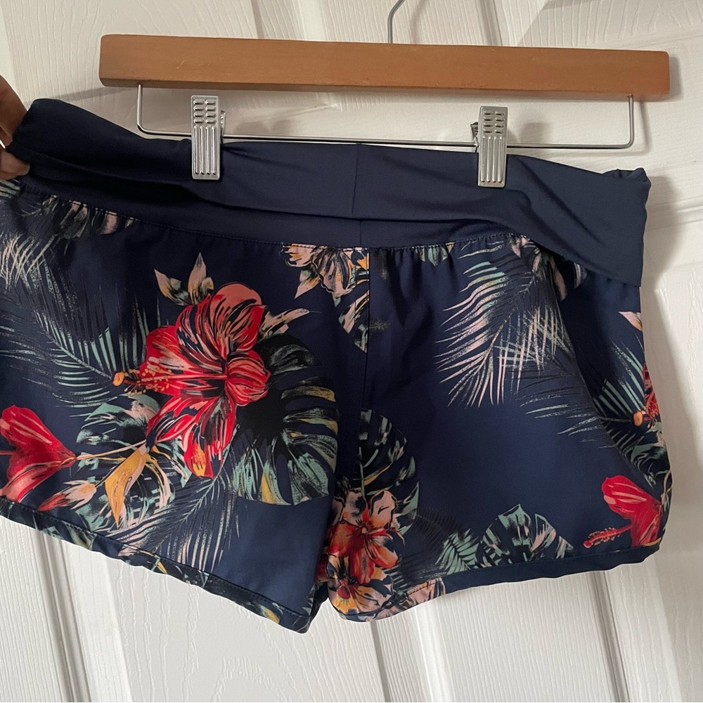 Roxy Navy Floral Foldover Waist Athletic Shorts